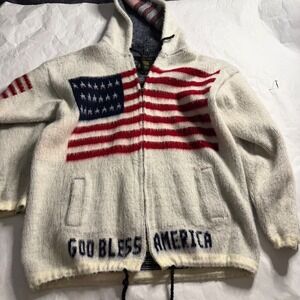 RUMINAHUI Vintage American Flag Knit Hoodie Ecuador Wool Zip‎ Up Sweater Mens XL